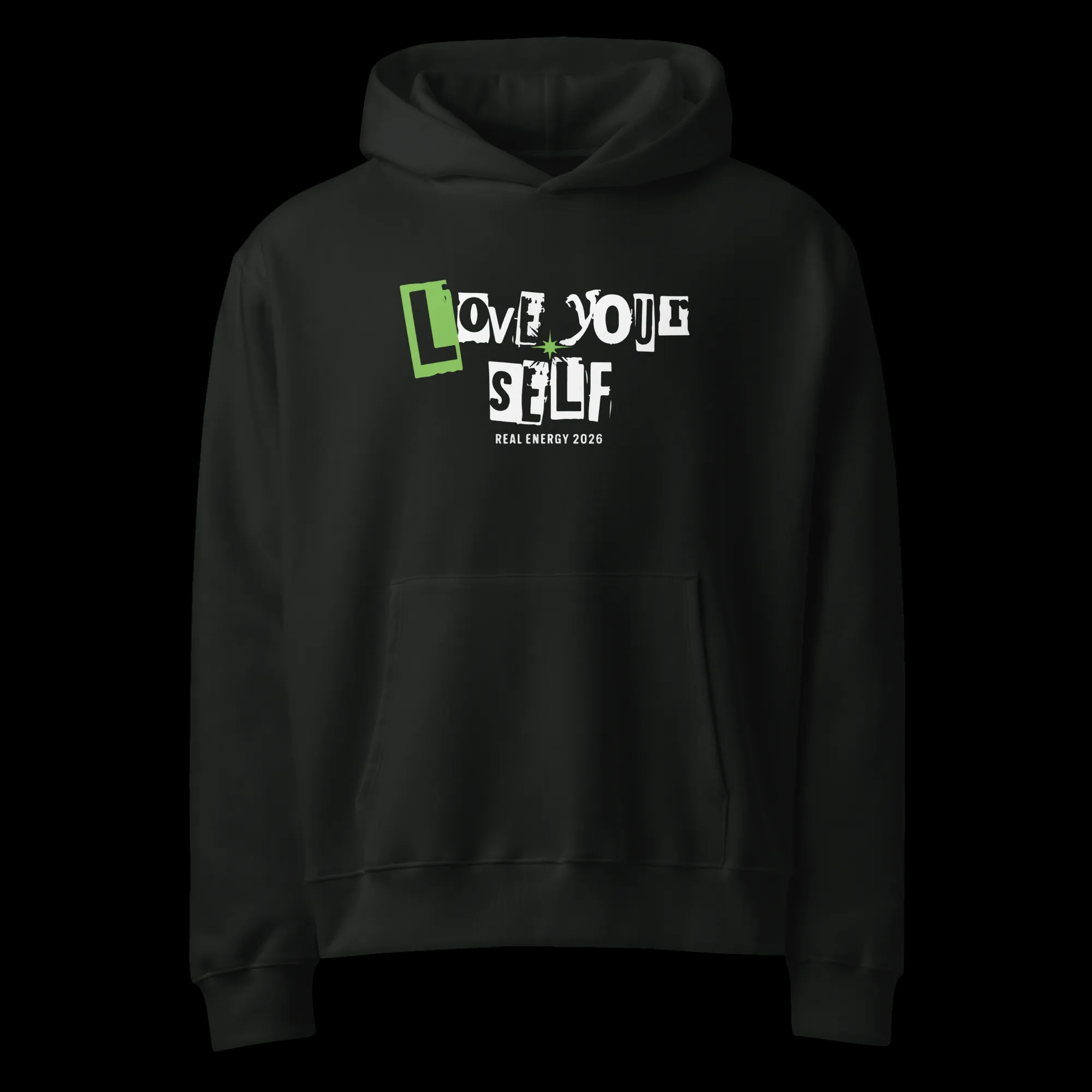 Black hoodie with 'Love Yourself' text on a white background